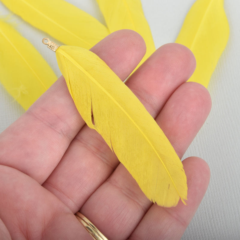 20 YELLOW Real Feather Charms Goose feathers with gold bail 2.5" to 3" long, chs5274