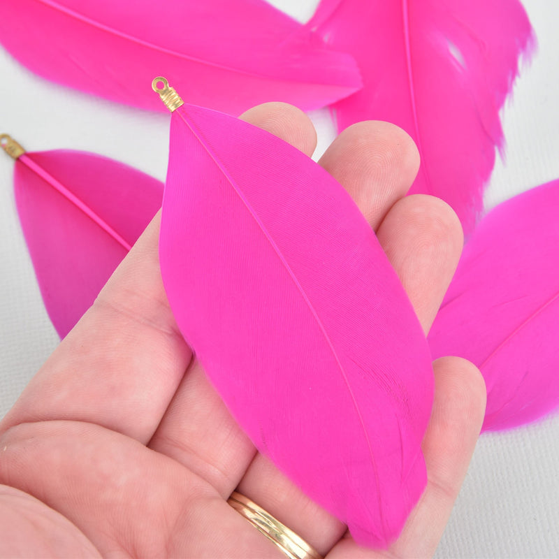 20 HOT PINK Real Feather Charms Goose feathers with gold bail 2.5" to 3" long, chs5276