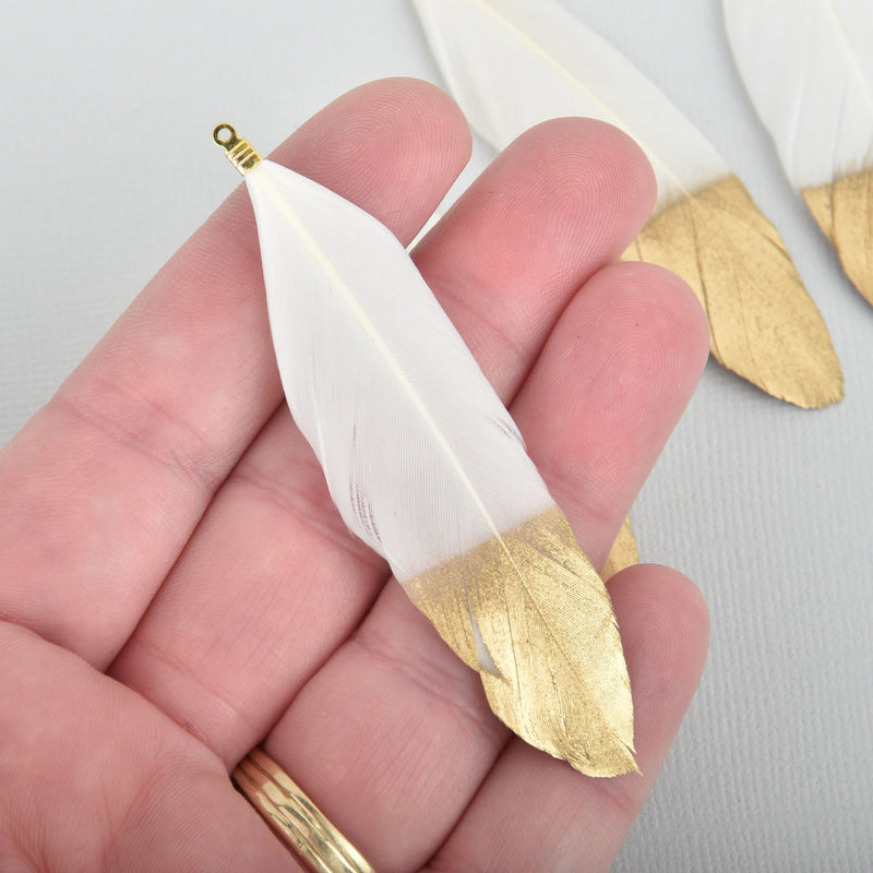 5 Natural Goose Feather Charms, Real Feather White with Gold, 2.5" - 3.5" long, chs5278