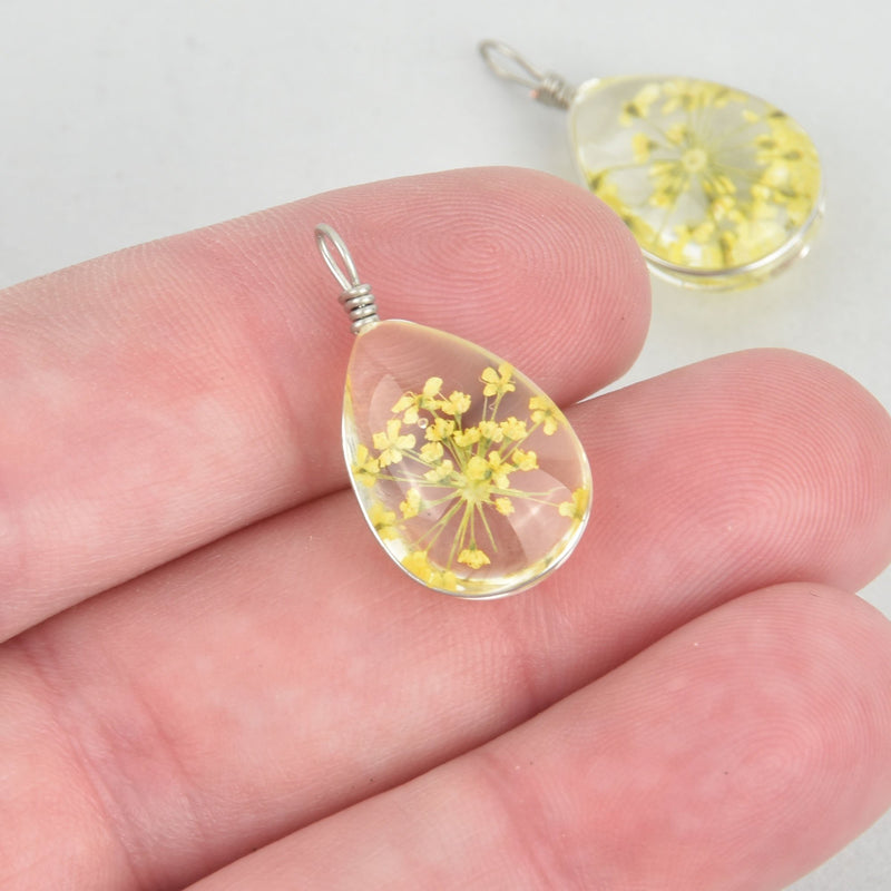 2 Glass Dried Flower Charms YELLOW real flowers Oval chs5280