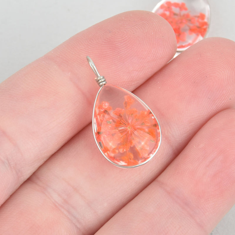 2 Glass Dried Flower Charms RED ORANGE real flowers Oval chs5281