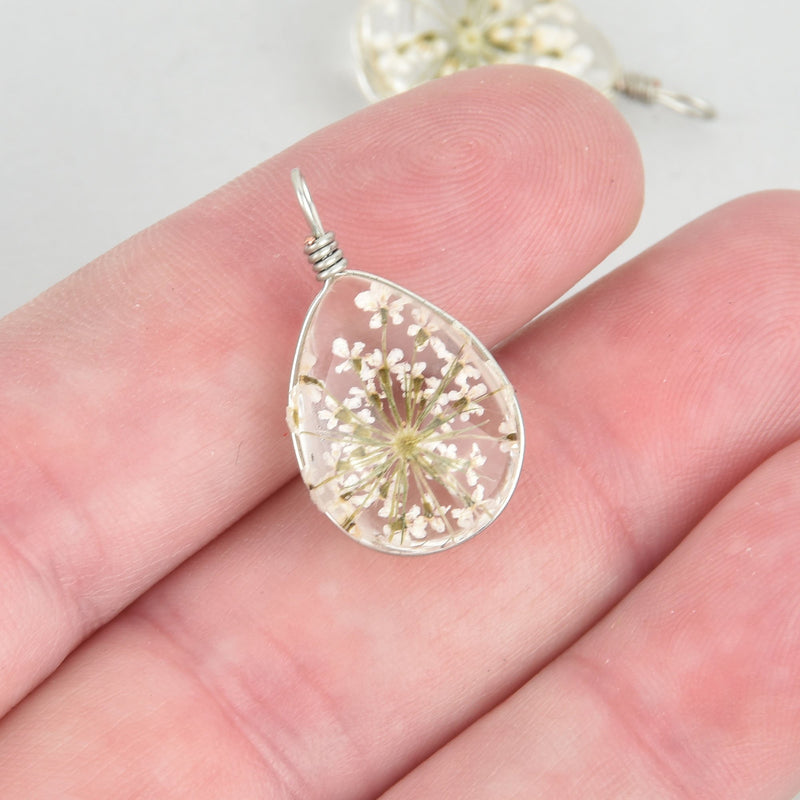 2 Glass Dried Flower Charms WHITE real flowers Oval chs5282