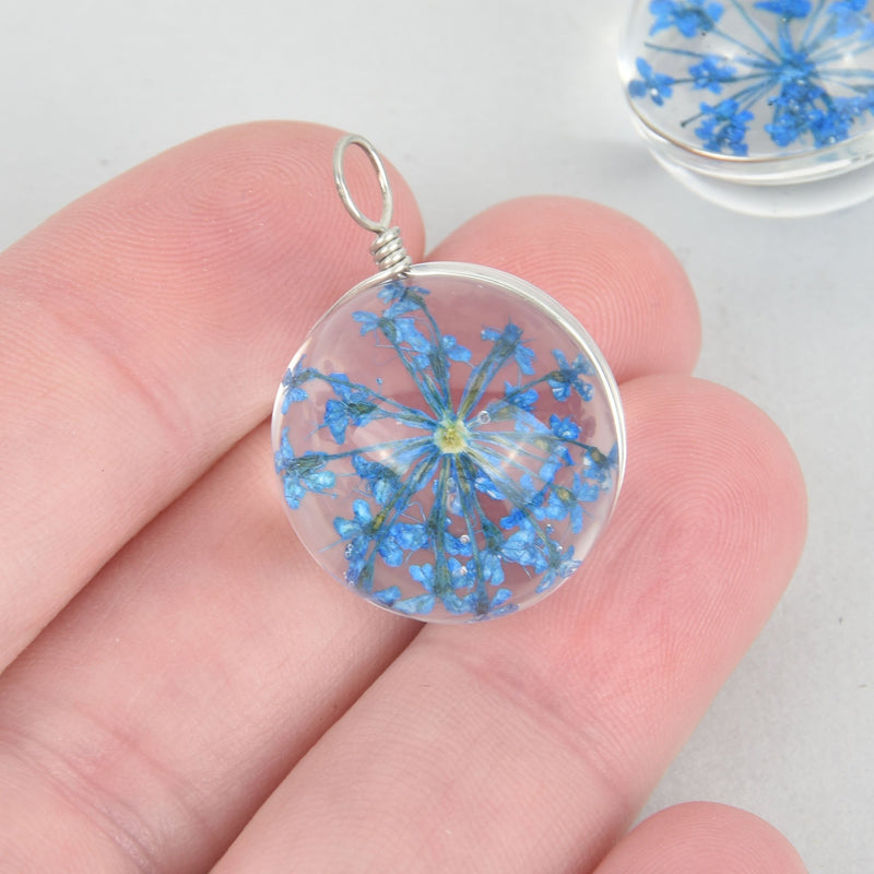 2 Glass Dried Flower Globe charms BLUE real flowers 20mm chs5283
