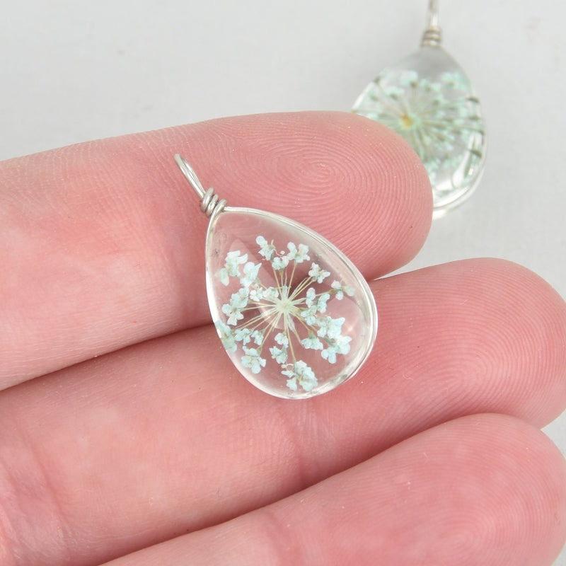 2 Glass Dried Flower Charms LIGHT BLUE real flowers Oval chs5287
