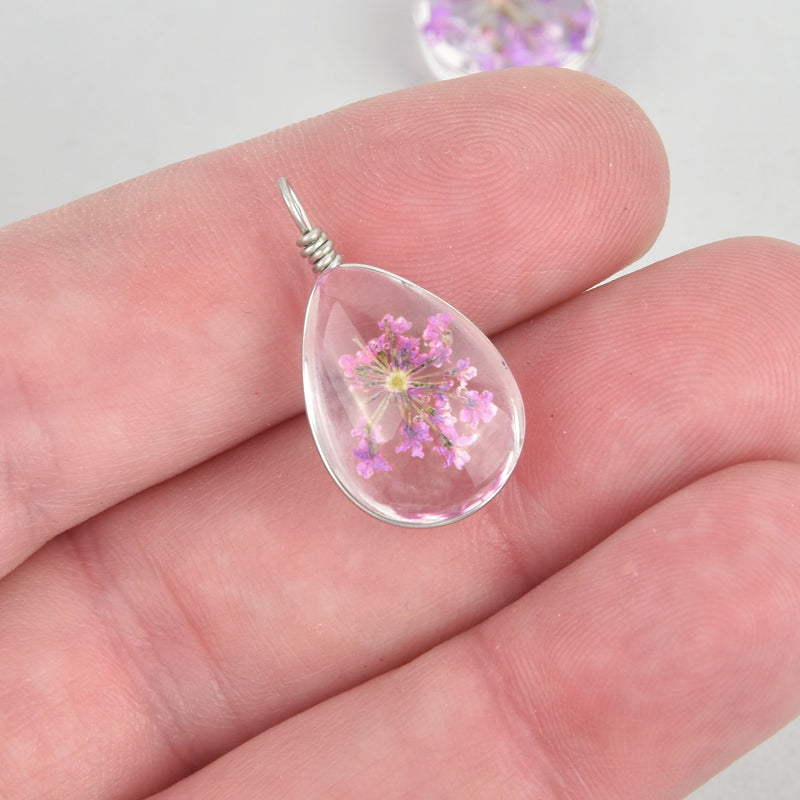 2 Glass Dried Flower Charms PURPLE real flowers Oval chs5291
