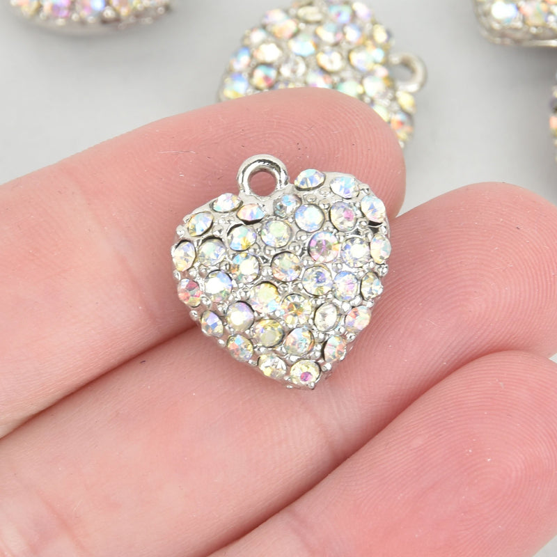 2 Silver Rhinestone Heart Charms, rainbow AB crystals 20mm chs5292