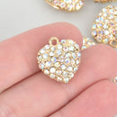 2 Gold Rhinestone Heart Charms, rainbow AB crystals 20mm chs5293