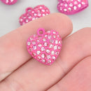 2 Pink Rhinestone Heart Charms, pink crystals 20mm chs5294