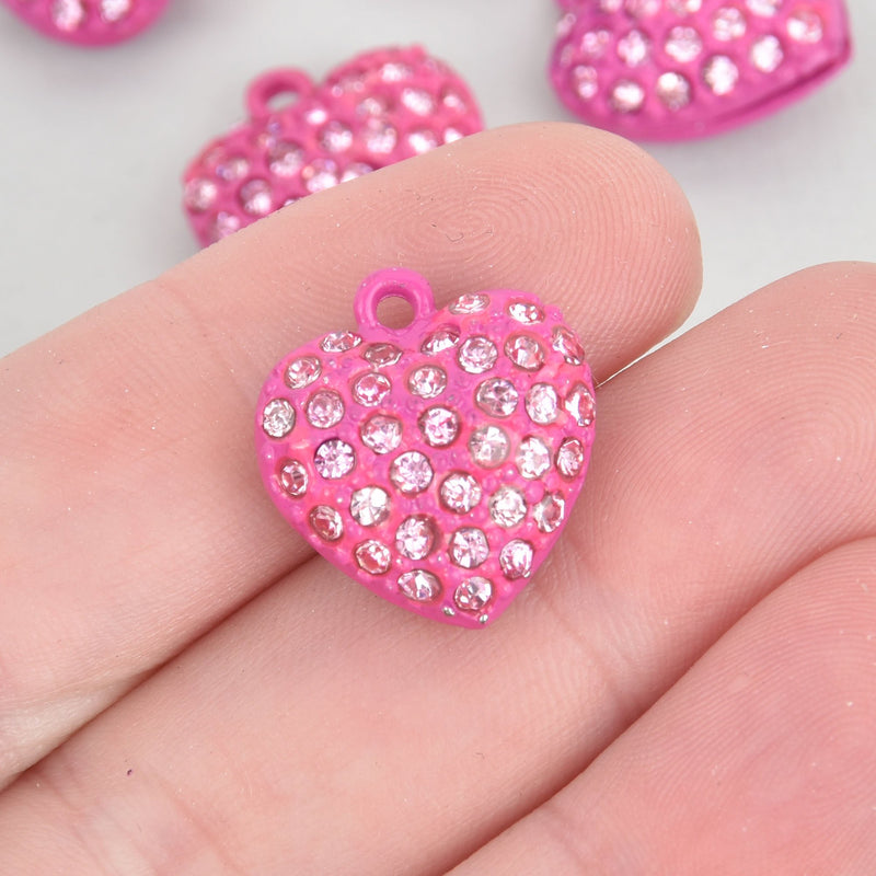 2 Pink Rhinestone Heart Charms, pink crystals 20mm chs5294