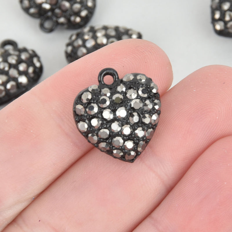 2 Black Rhinestone Heart Charms, gray crystals 20mm chs5295