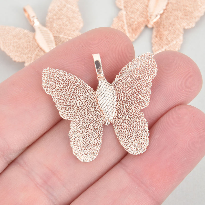 2 Rose Gold Butterfly Charms, Real leaf charms, chs5297