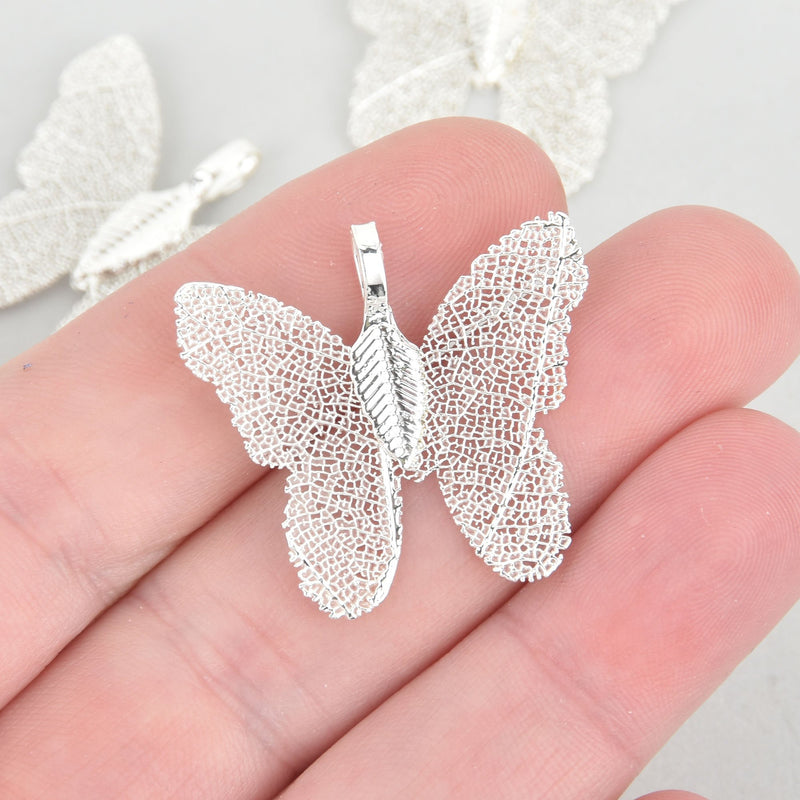 2 Silver Butterfly Charms, Real leaf charms, chs5298