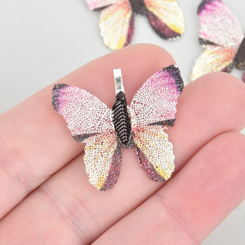 2 Pink Painted Butterfly Charms, Silver real leaf charms, chs5299