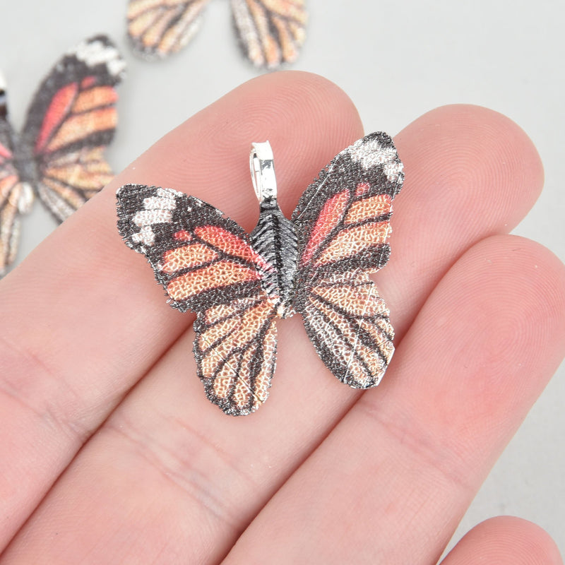 2 Monarch Painted Butterfly Charms, Silver real leaf charms, chs5301