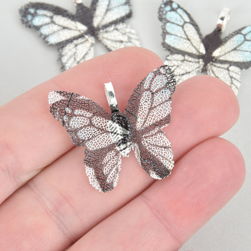 2 Blue Painted Butterfly Charms, Silver real leaf charms, chs5302