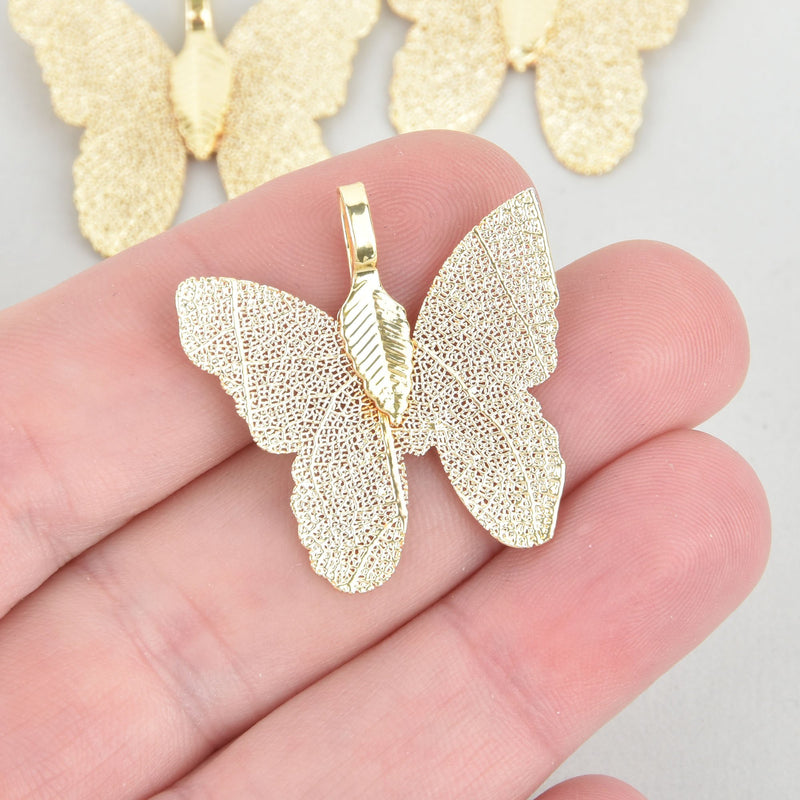 2 Light Gold Butterfly Charms, Real leaf charms, chs5303