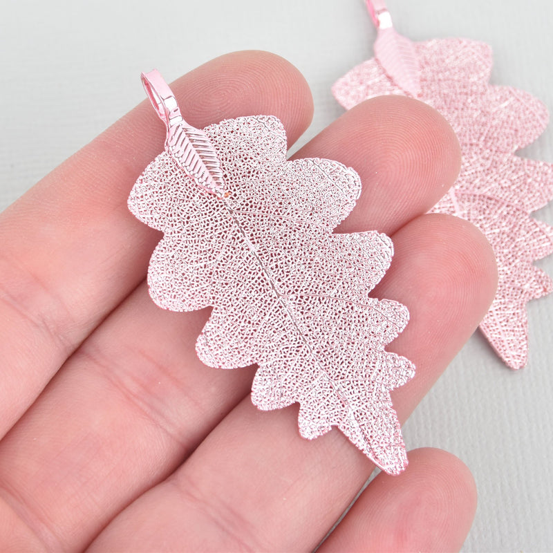 2 Real Leaf Charms PINK Oak Leaves 2.25" to 2.5" long chs5304