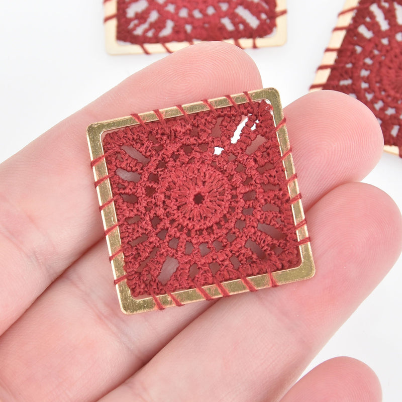 5 Lace Charms RED Crochet Thread Square Connector Links Boho charms 30mm chs5325