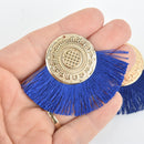 2 Fan Tassel Charms ROYAL BLUE Fringe with Gold Mandala 3" wide chs5326