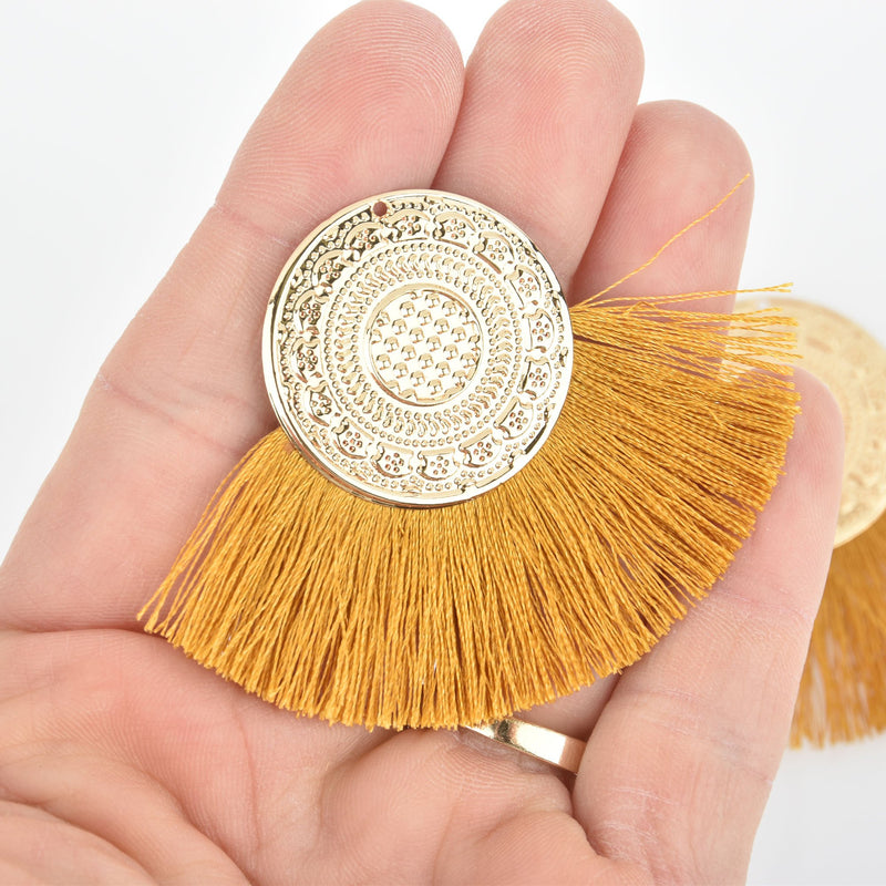 2 Fan Tassel Charms BEIGE Fringe with Gold Mandala 3" wide chs5327
