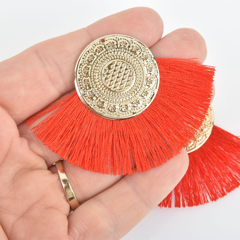 2 Fan Tassel Charms RED Fringe with Gold Mandala 3" wide chs5328