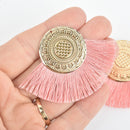 2 Fan Tassel Charms PINK Fringe with Gold Mandala 3" wide chs5329