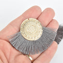 2 Fan Tassel Charms GRAY Fringe with Gold Mandala 3" wide chs5330
