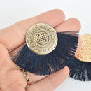 2 Fan Tassel Charms NAVY BLUE Fringe with Gold Mandala 3" wide chs5332