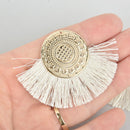 2 Fan Tassel Charms WHITE Fringe with Gold Mandala 3" wide chs5333