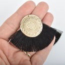 2 Fan Tassel Charms BLACK Fringe with Gold Mandala 3" wide chs5334