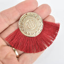 2 Fan Tassel Charms DARK RED Fringe with Gold Mandala 3" wide chs5335