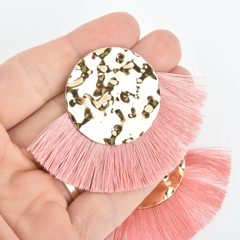 2 Fan Tassel Charms PINK Fringe with Hammered Gold Circle 3" wide chs5337