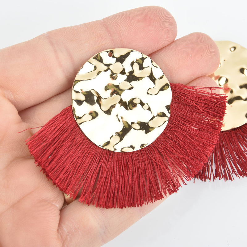 2 Fan Tassel Charms DARK RED Fringe with Hammered Gold Circle 3" wide chs5339