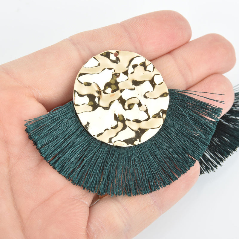 2 Fan Tassel Charms HUNTER GREEN Fringe with Hammered Gold Circle 3" wide chs5341