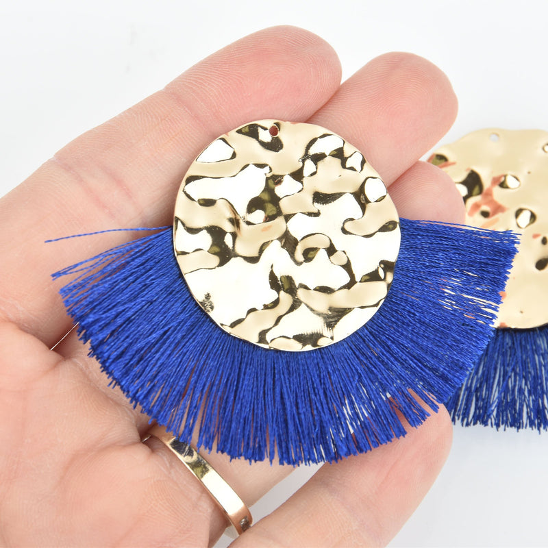 2 Fan Tassel Charms ROYAL BLUE Fringe with Hammered Gold Circle 3" wide chs5342