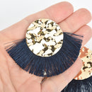2 Fan Tassel Charms NAVY BLUE Fringe with Hammered Gold Circle 3" wide chs5343