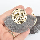 2 Fan Tassel Charms GRAY Fringe with Hammered Gold Circle 3" wide chs5344