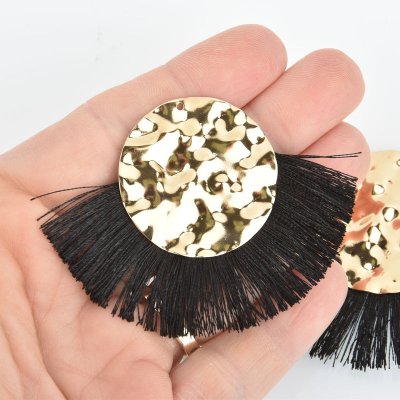 2 Fan Tassel Charms BLACK Fringe with Hammered Gold Circle 3" wide chs5345