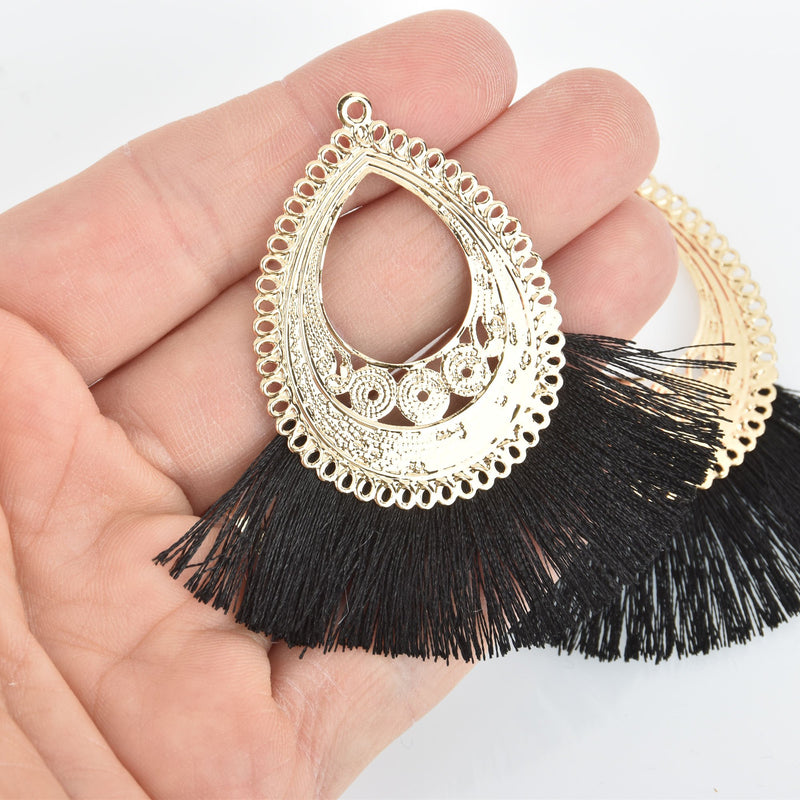 2 Fan Tassel Charms BLACK Fringe with Gold Filigree Teardrop 3" long chs5356