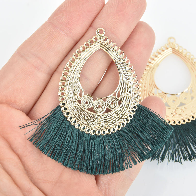 2 Fan Tassel Charms HUNTER GREEN Fringe with Gold Filigree Teardrop 3" long chs5359