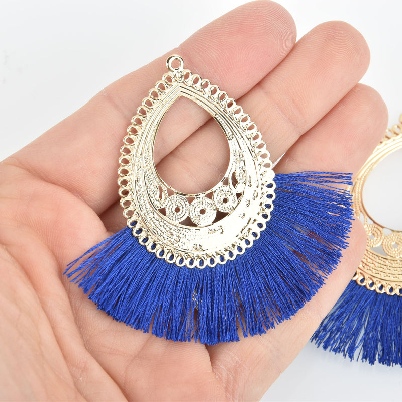2 Fan Tassel Charms ROYAL BLUE Fringe with Gold Filigree Teardrop 3" long chs5360