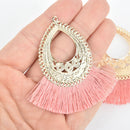 2 Fan Tassel Charms PINK Fringe with Gold Filigree Teardrop 3" long chs5361