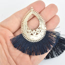 2 Fan Tassel Charms NAVY BLUE Fringe with Gold Filigree Teardrop 3" long chs5362