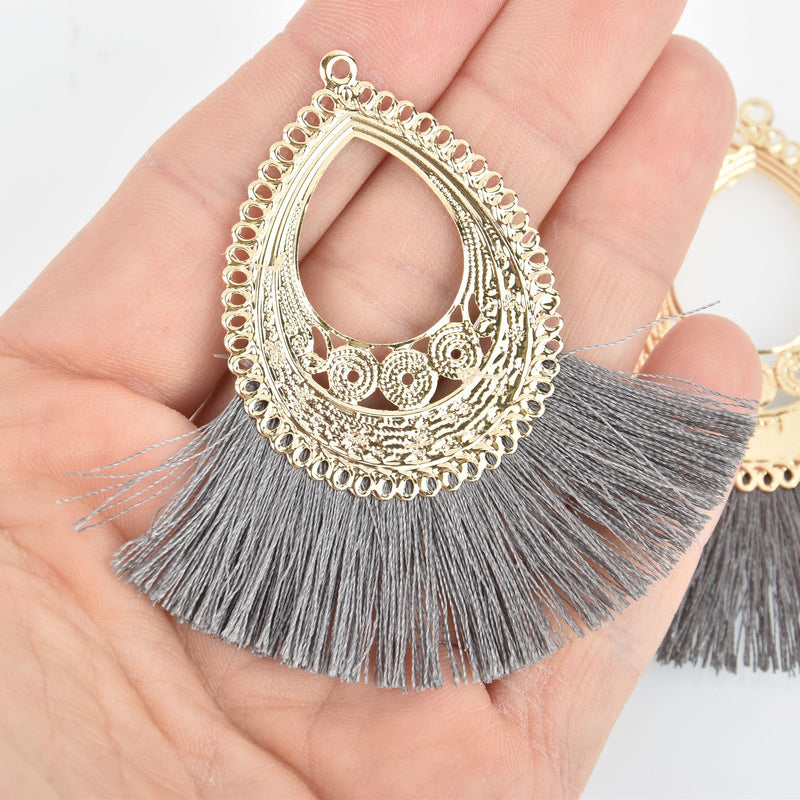 2 Fan Tassel Charms GRAY Fringe with Gold Filigree Teardrop 3" long chs5363