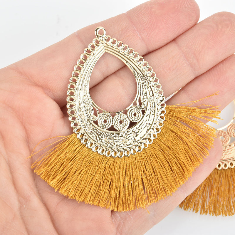 2 Fan Tassel Charms BEIGE Fringe with Gold Filigree Teardrop 3" long chs5364