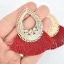 2 Fan Tassel Charms DARK RED Fringe with Gold Filigree Teardrop 3" long chs5365