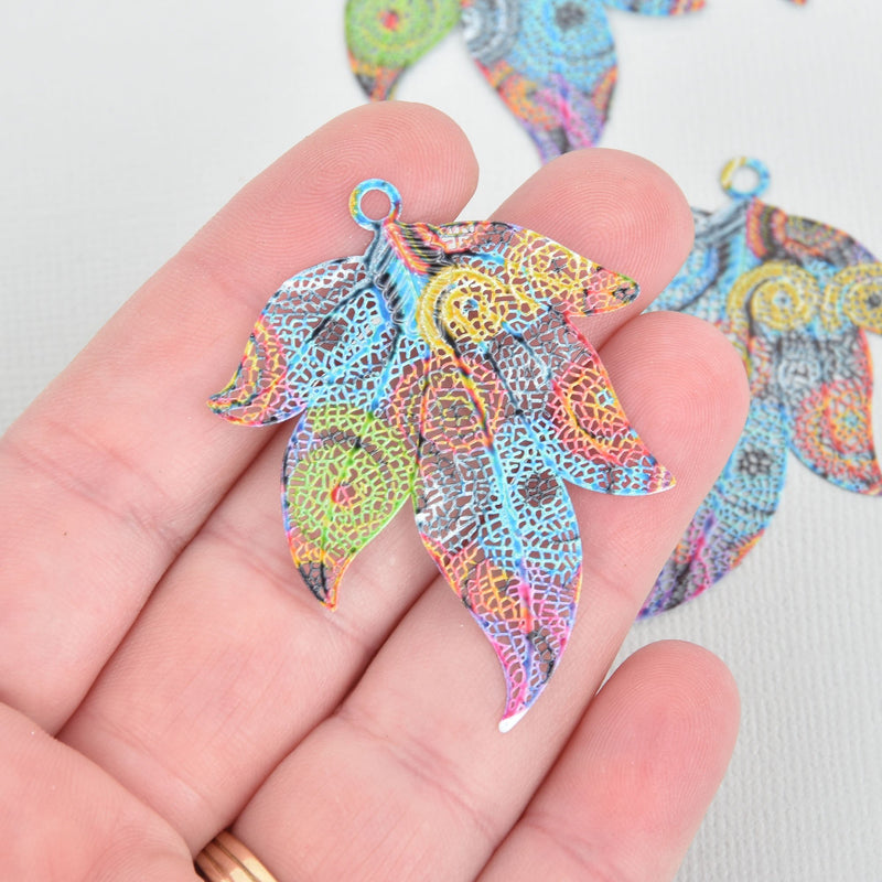 5 Metal RAINBOW LEAF Charms Filigree Enamel 2" chs5379