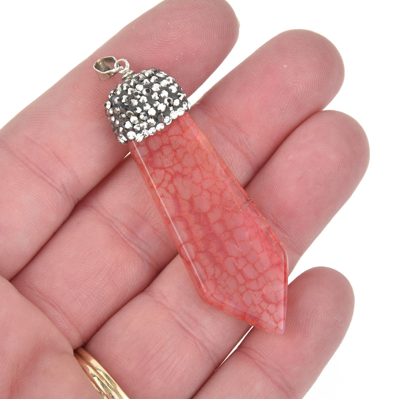 1 RED AGATE Gemstone Stick Pendant, Pave crystals 2.25" chs5393