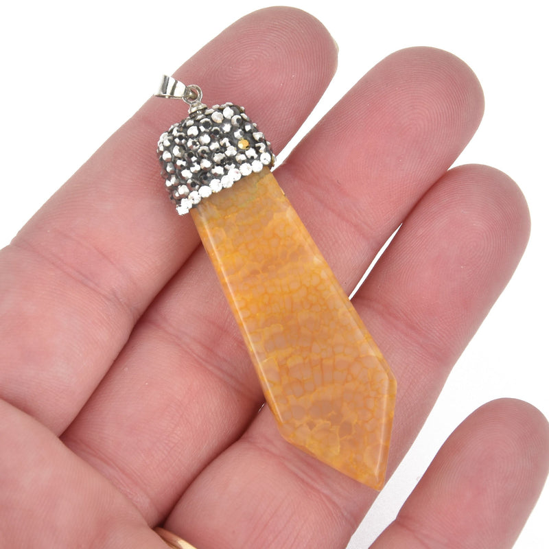 1 YELLOW AGATE Gemstone Stick Pendant, Pave crystals 2.25" chs5394