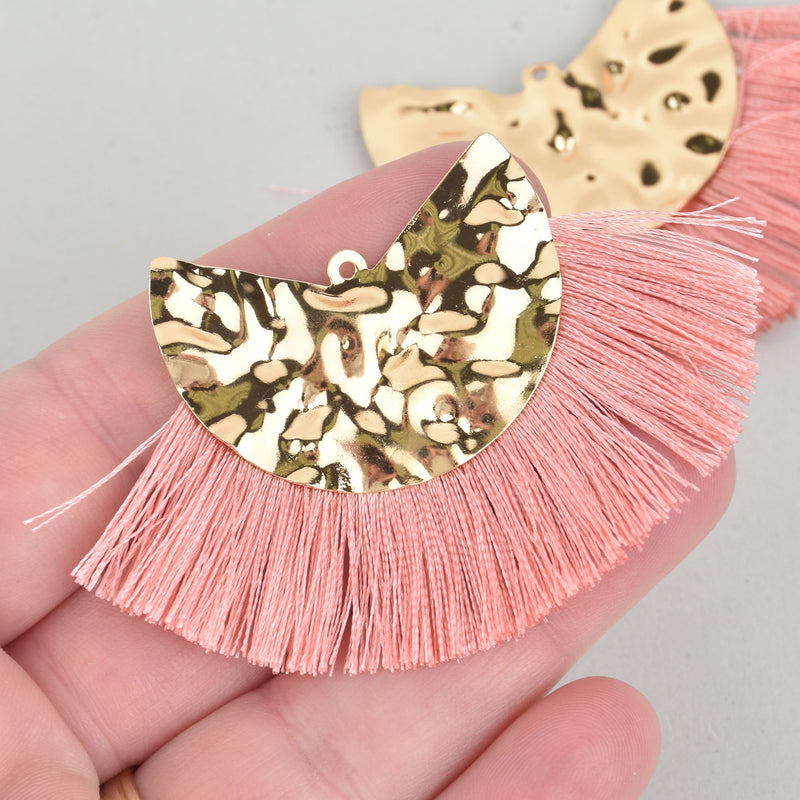 2 Fan Tassel Charms PINK Fringe with Hammered Gold Wedge 3" wide chs5404